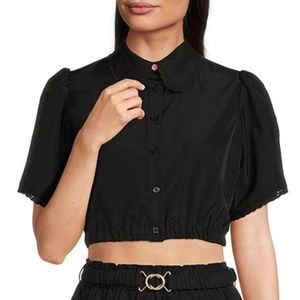 Ldt Allie Button Down Collar Elastic Hem Short Sleeve Crop Top